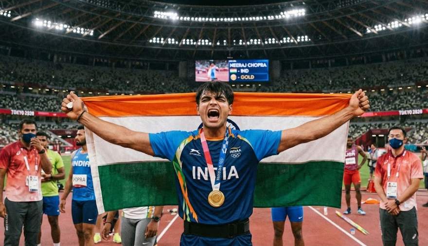 Neeraj Chopra celebrating Olympic gold at the Tokyo Olympics