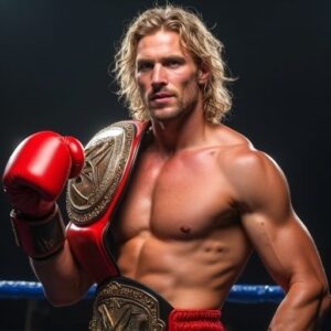 Logan Paul in 2025 holding a WWE belt, YouTube icon, PRIME drink, boxing gloves, and surrounded by money, representing his net worth as a YouTuber, WWE star, PRIME co-founder, and boxer.