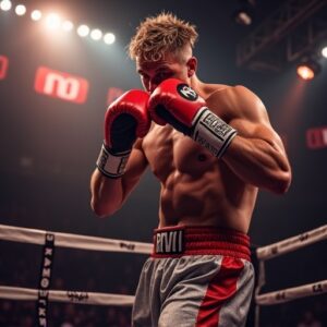 Jake Paul boxing in ring with YouTube and money theme, net worth 2025