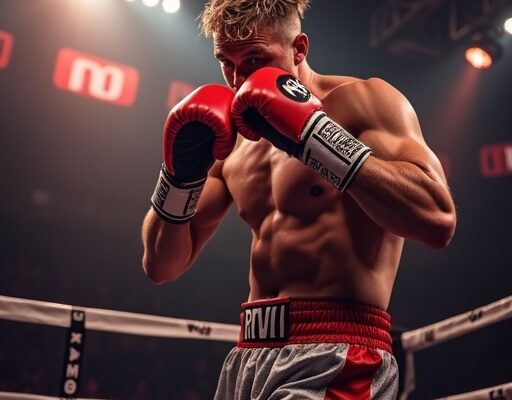 Jake Paul boxing in ring with YouTube and money theme, net worth 2025