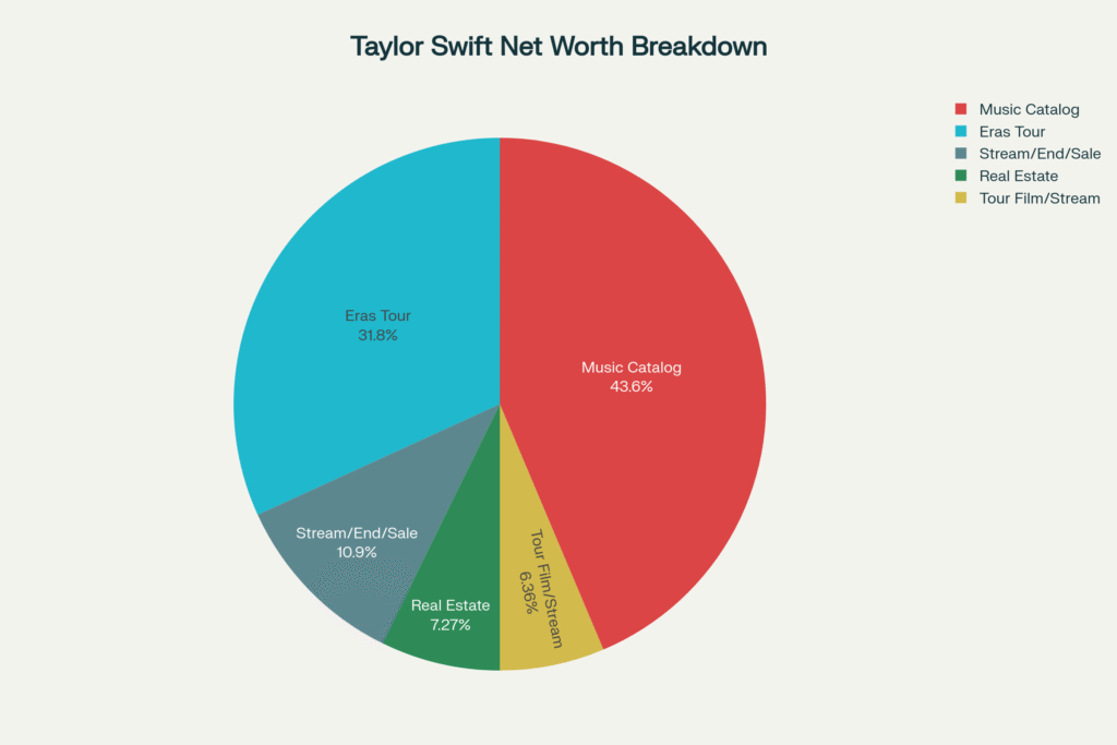 Taylor Swift Net Worth 2025: How She Became a Billionaire 1 Pie chart of Taylor Swift net worth 2025 breakdown by revenue source: Eras Tour, Music Catalog, Real Estate, Streaming, Film