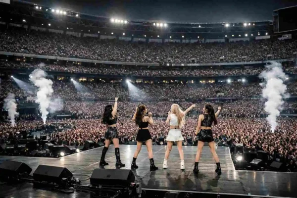 K-pop artist performing on a global stage, symbolizing worldwide reach and visibility